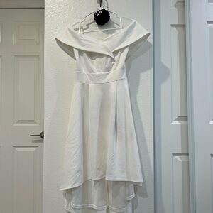 White Cocktail Dresses for Wedding Guest High Low Off Shoulder Graduation Dress